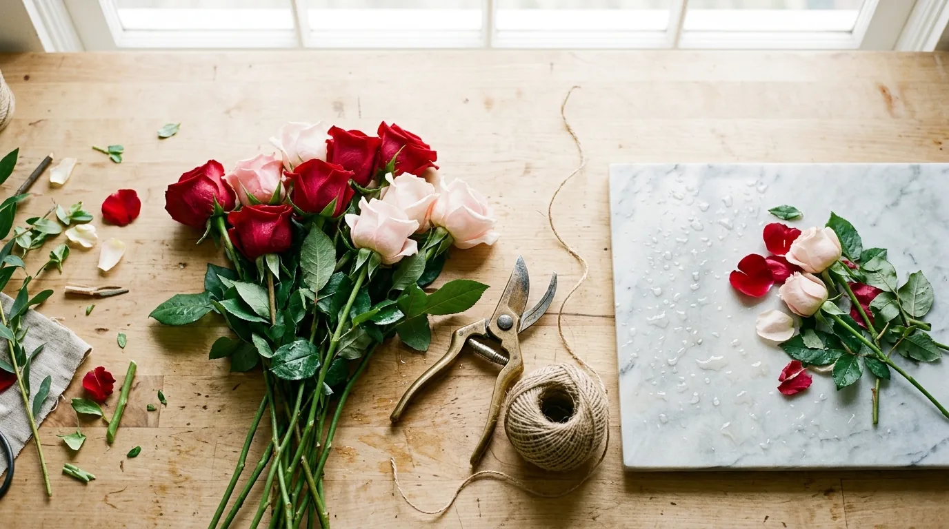 Il banco dell'atelier visto dall'alto: steli di rose, forbici di ottone, spago, petali sparsi, lastra di marmo