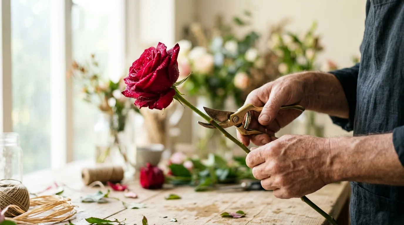 Mani che accorciano lo stelo di una rosa rossa con una forbice di ottone su un banco chiaro
