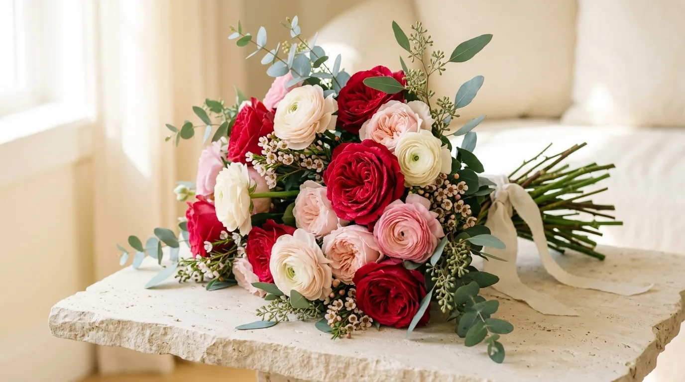 Un bouquet di rose rosse e rosa, ranuncoli ed eucalipto poggiato su un piano di pietra chiara, luce naturale del mattino