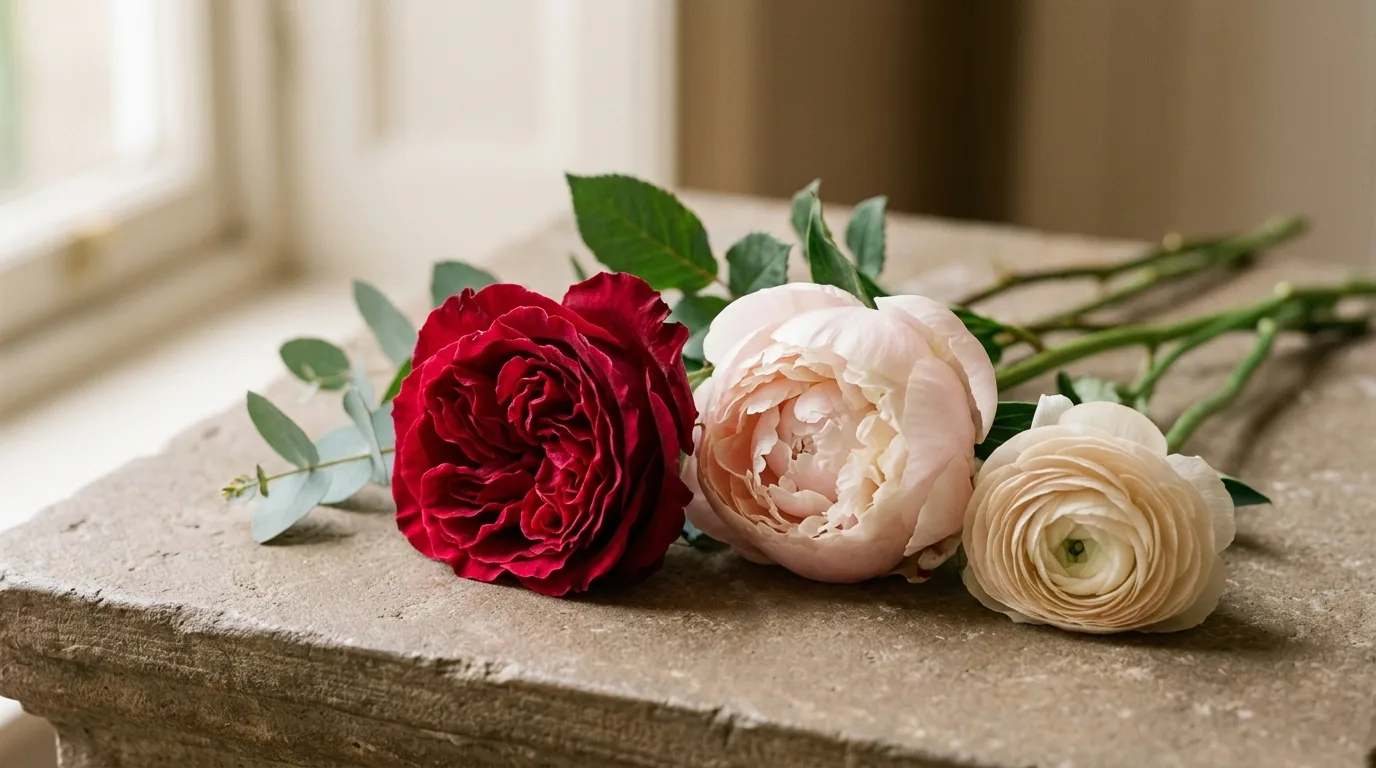 Natura morta di una rosa rossa, una peonia rosa e un ranuncolo chiaro su un piano di pietra calda