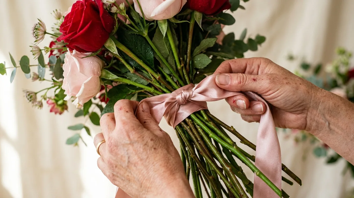 Mani che legano gli steli di un bouquet di rose con un nastro di seta, luce di studio morbida