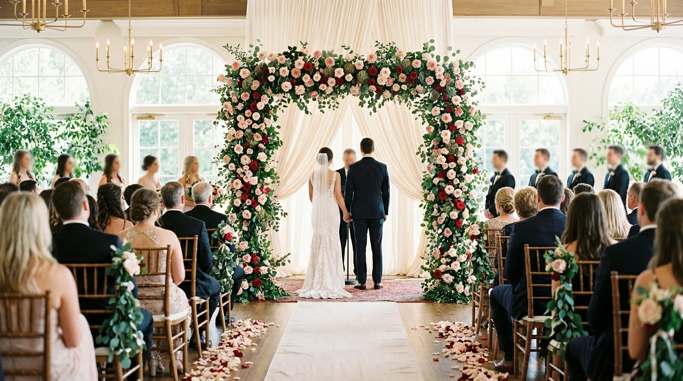 Arco floreale di rose rosa e rosse su una navata illuminata dalla luce naturale, cerimonia elegante