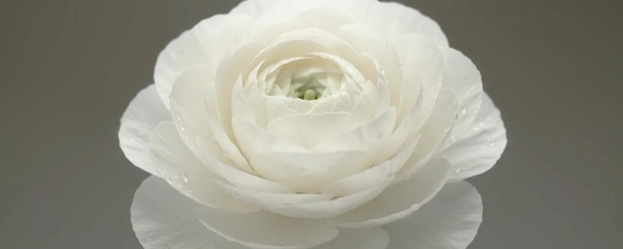 Un ranuncolo bianco che si apre lentamente da bocciolo chiuso a fiore pieno mentre si scorre la pagina